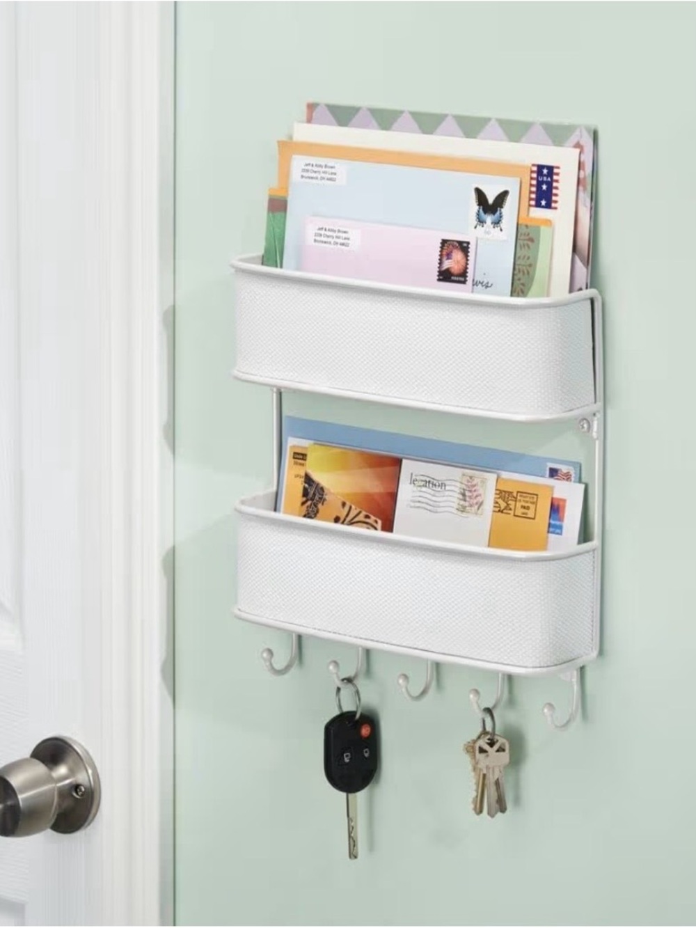 mDesign 2-Tier Wall Mounted Mail Holder Organizer White Hooks - Picture 2 of 13